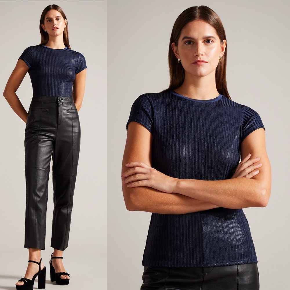 NEW w Tags! Ted Baker London Catrino Metallic Fitted Tee. Size 6 (XL), Navy